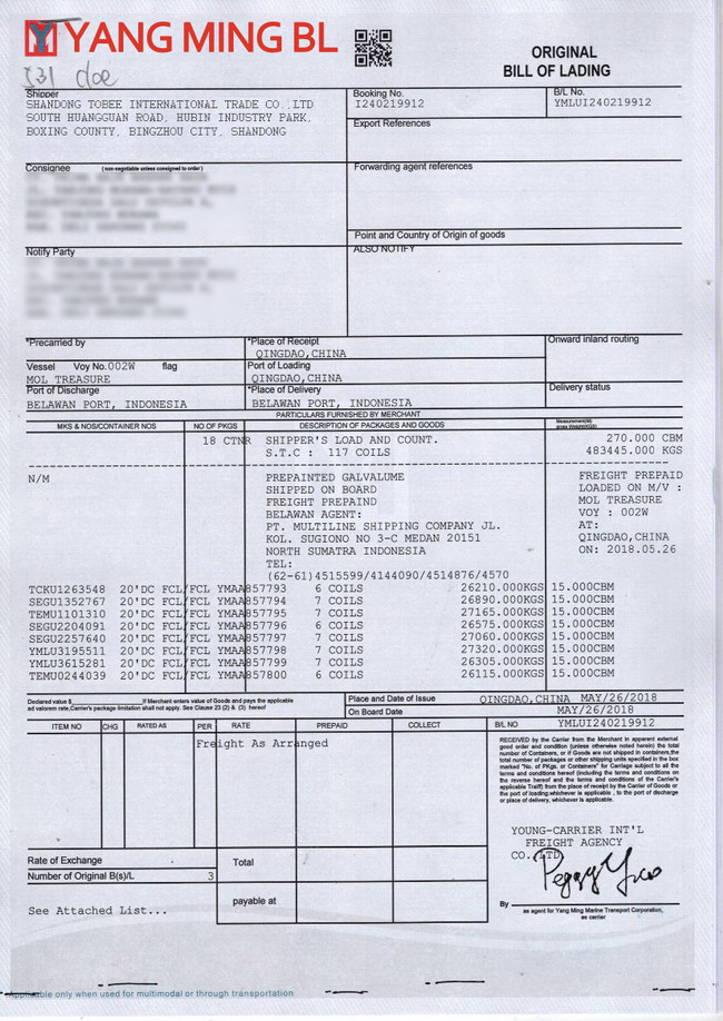 YANGMING B/L,TOBEESTEEL